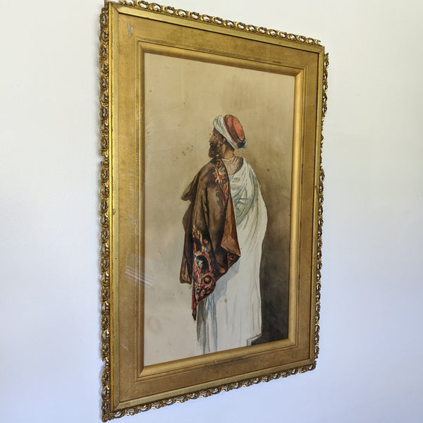 Water color painting of Arabic man with his back towards viewer. Side view
