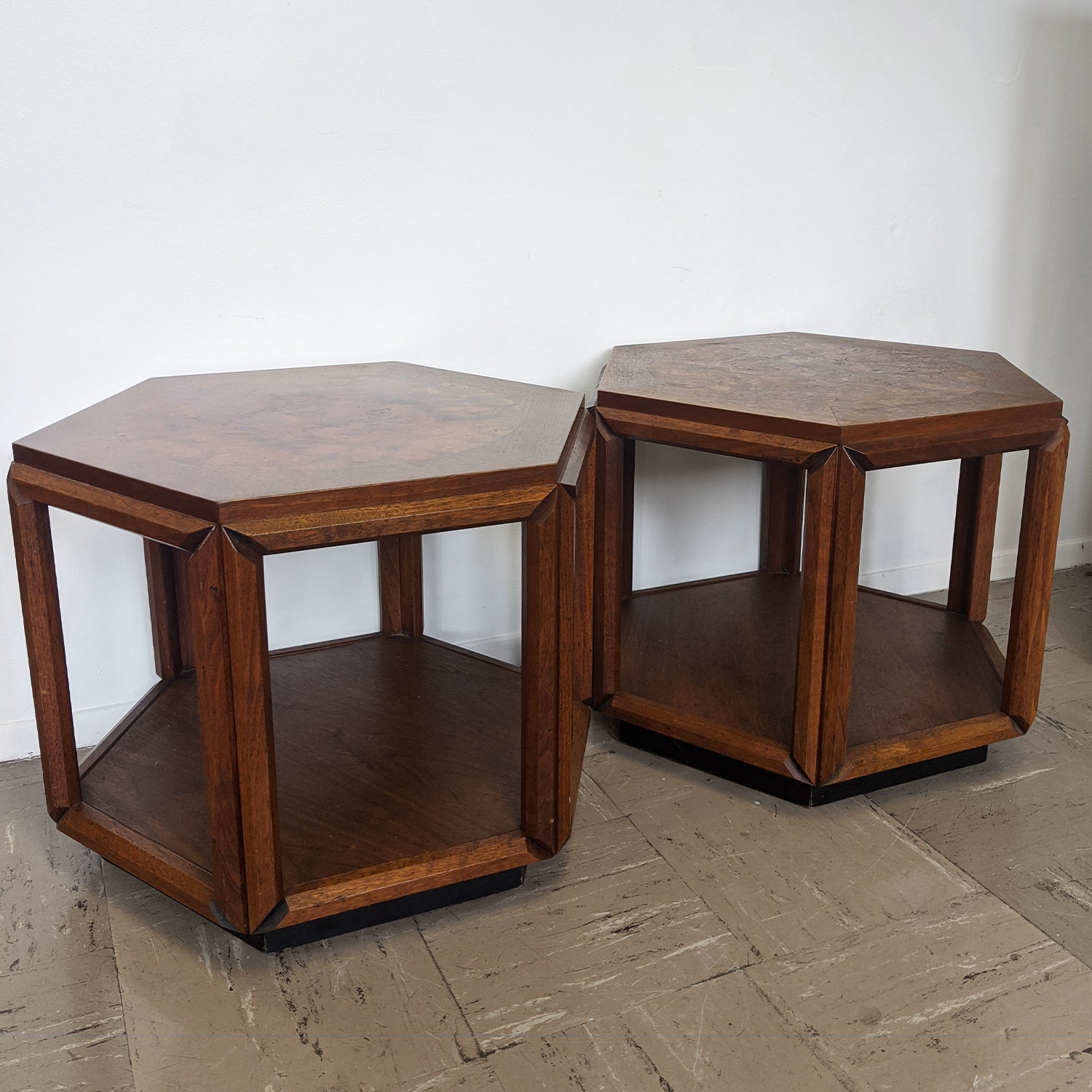Two brown burl tables with open bottom, side-by-side 