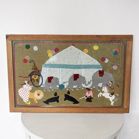 Circus animals with tent art, framed.