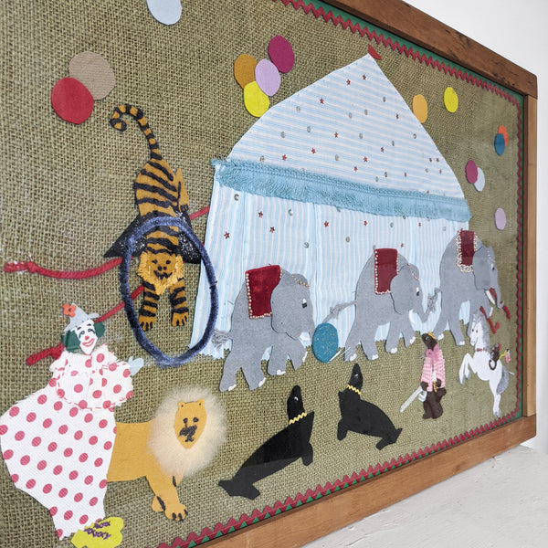 Circus animals with tent art, framed. Close up.