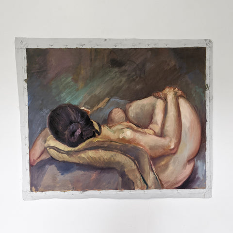 Nude sleeping woman canvas painting from back side point of view