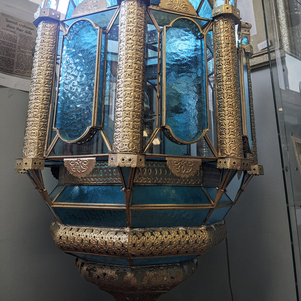 Handcrafted aquamarine blue and gold Spanish lamp view of bottom