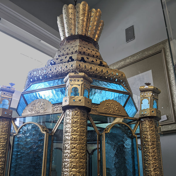 Handcrafted aquamarine blue and gold Spanish lamp view of top 