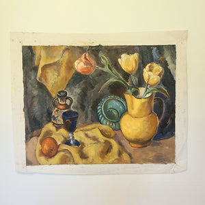 vintage oil painting of able with yellow cloth, yellow vase with tulips. wine glass and wine bottle 