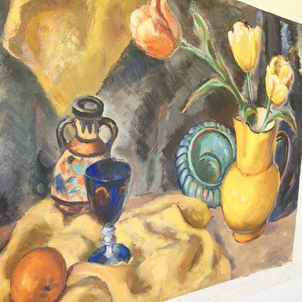 vintage oil painting close up of wine glass, wine bottle, yellow cloth and vase