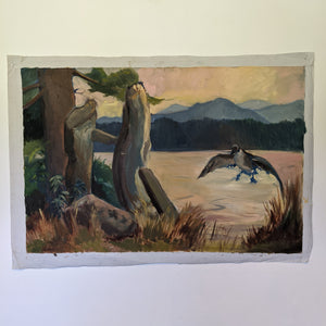 Oil painting of bird flying above lake with trees in the distance