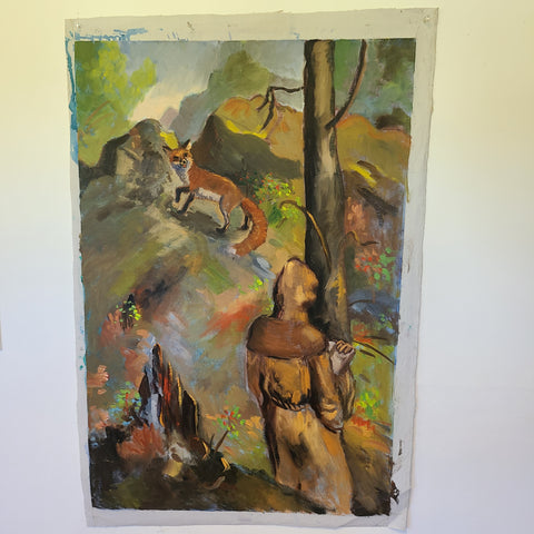 Oil painting of a monk and a fox in the woods 